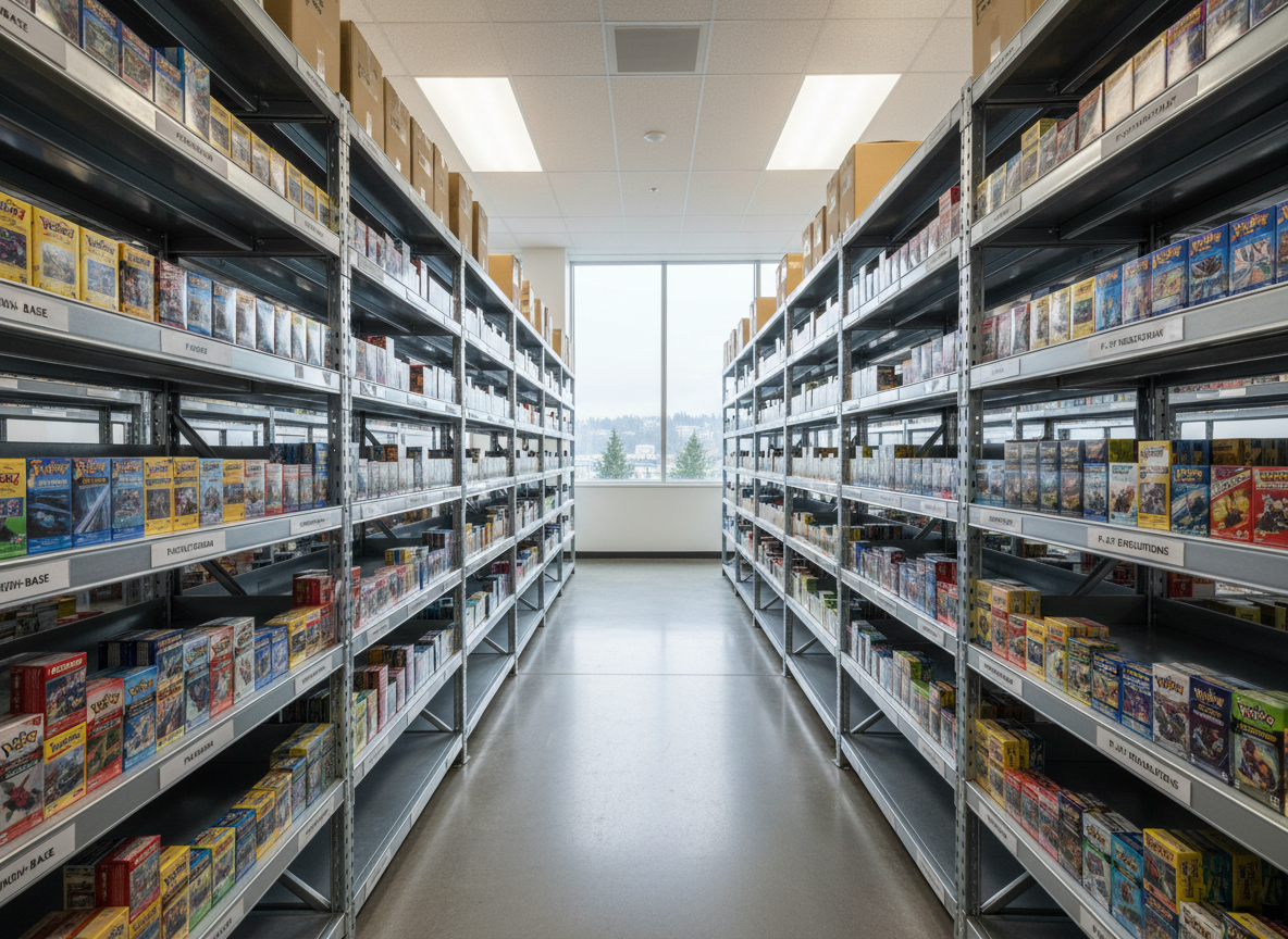 A wide, photographic realism view of a modern, well-organized distribution space in Seattle, featuring rows of polished metal shelving filled with neatly aligned Japanese Pokémon card booster boxes and cartons. Each shelf is labeled with clean, minimal signage, and the colorful packaging creates subtle bands of red, blue, gold, and silver against the neutral industrial backdrop. Large warehouse windows reveal a soft, overcast Pacific Northwest light that gently illuminates the room, creating even, shadow-free visibility. The camera is positioned at a slightly low angle, looking down a central aisle to emphasize depth and scale. The mood is efficient, trustworthy, and professional, with a clean, modern aesthetic that reflects a dependable local supply partner for small businesses.